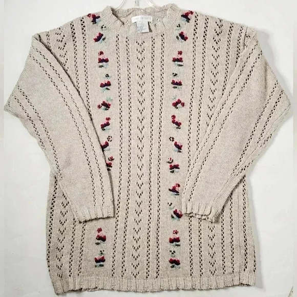 Jump Tricot Lenin Blend Beige 3D Embroidered Chunky Knit Sz L long Line Sweater - Picture 4 of 9